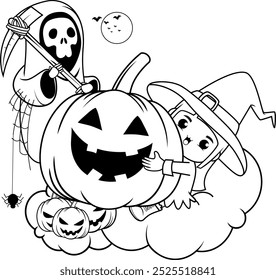 Halloween coloring book with cute girl for kids