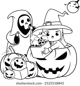 Halloween coloring book with cute girl for kids