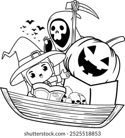 Halloween coloring book with cute girl for kids