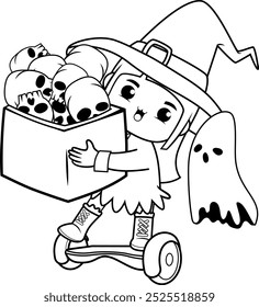 Halloween coloring book with cute girl for kids