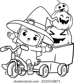 Halloween coloring book with cute girl for kids