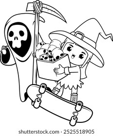 Halloween coloring book with cute girl for kids