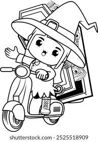 Halloween coloring book with cute girl for kids