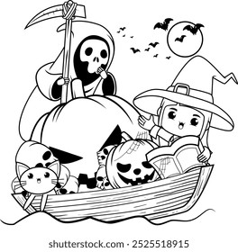 Halloween coloring book with cute girl for kids