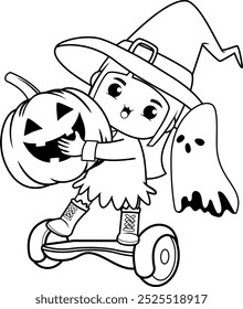 Halloween coloring book with cute girl for kids