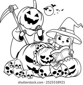 Halloween coloring book with cute girl for kids