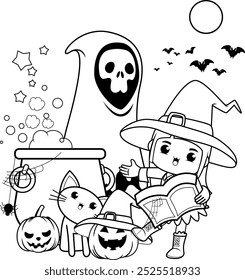 Halloween coloring book with cute girl for kids