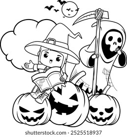 Halloween coloring book with cute girl for kids