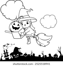 Halloween coloring book with cute girl for kids