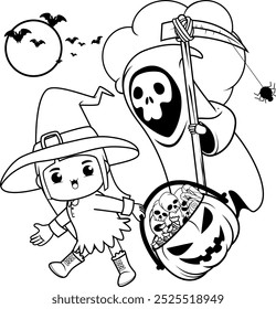 Halloween coloring book with cute girl for kids