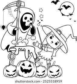 Halloween coloring book with cute girl for kids