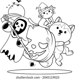 Halloween coloring book with cute husky