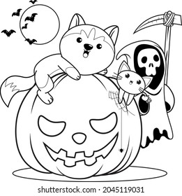 Halloween coloring book with cute husky