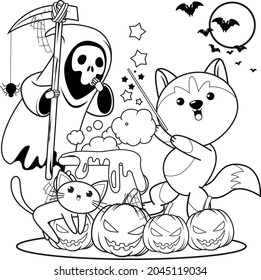 Halloween coloring book with cute husky