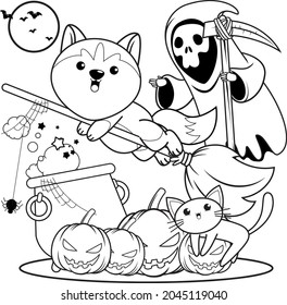 Halloween coloring book with cute husky