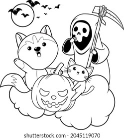 Halloween coloring book with cute husky