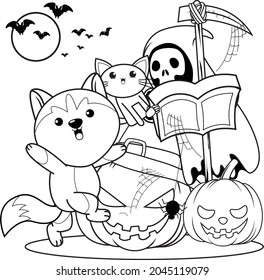 Halloween coloring book with cute husky