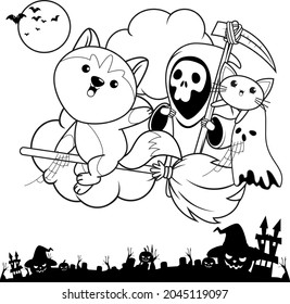 Halloween coloring book with cute husky