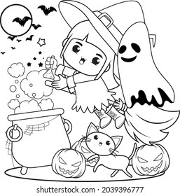 Halloween coloring book cute little girl witch