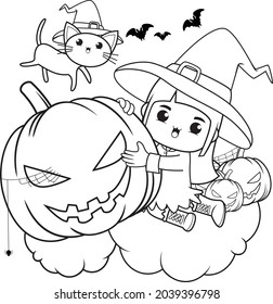 Halloween coloring book cute little girl witch