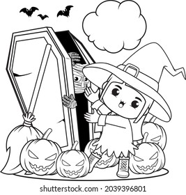 Halloween coloring book cute little girl witch