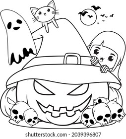 Halloween coloring book cute little girl witch