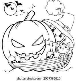 Halloween coloring book cute little girl witch