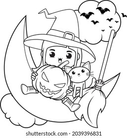 Halloween coloring book cute little girl witch