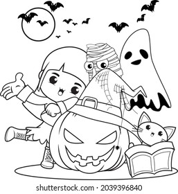 Halloween coloring book cute little girl witch