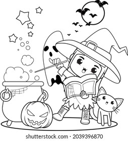 Halloween coloring book cute little girl witch