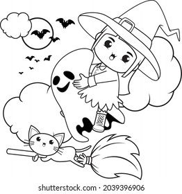 Halloween coloring book cute little girl witch