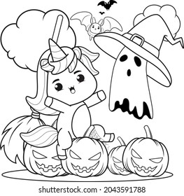 Halloween coloring book with cute unicorn