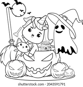 Halloween coloring book with cute unicorn