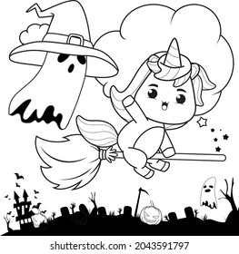 Halloween coloring book with cute unicorn