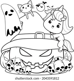 Halloween coloring book with cute unicorn