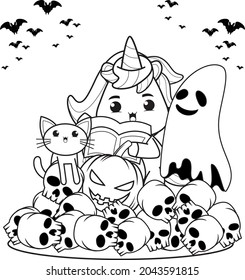 Halloween coloring book with cute unicorn