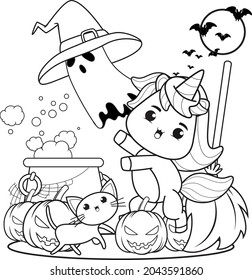Halloween coloring book with cute unicorn