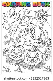 Halloween coloring book (ghosts, pumpkins, hat, spider web) - vector illustration