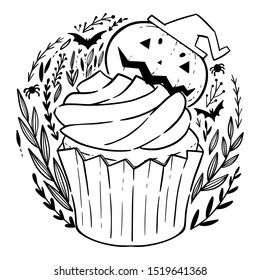 Halloween coloring book page with cupcake and halloween pumpkin. Cartoon halloween pumpkin on the puncake. Antistress for adults and children, print for cups