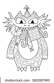 Halloween coloring book page doodle. Cute monster with sweets. Antistress for adults and children. Vector black and white illustration