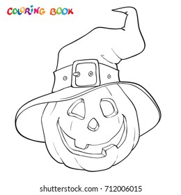 Halloween coloring book page  Pumpkin in the hat 