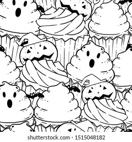 Halloween coloring book pattern with scary cupcakes, cream, bat, pumpkin. Holiday antistress for adults and children. Pattern for Holiday party