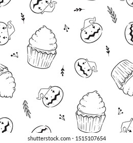 Halloween coloring book pattern with scary cupcakes, cream, pumpkin and bats. Antistress for adults and children