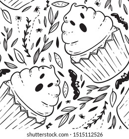 Halloween coloring book pattern with scary cupcakes, cream, bats. Cream on a cupcake in the form of a frightened cast with bats. Antistress for adults and children