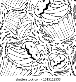 Halloween coloring book pattern with scary cupcakes, cream, bat, pumpkin. Holiday antistress for adults and children. Pattern for Holiday party