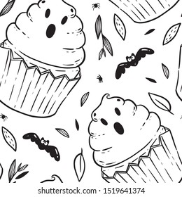 Halloween coloring book pattern with scary cupcakes, cream, bats. Cream on a cupcake in the form of a frightened cast with bats. Antistress for adults and children