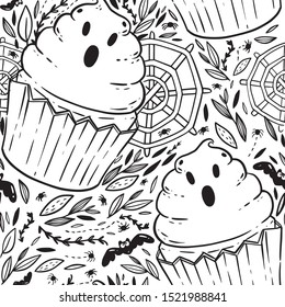 Halloween coloring book pattern with scary cupcakes, cream,webs, bats. Cream on a cupcake in the form of a frightened cast with bats. Antistress for adults and children