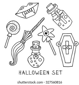  Halloween Coloring book. Vector illustration isolated on white background. Halloween witches attributes doodles set. Magic stuff in doodle style