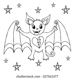 Halloween Coloring book. Vector illustration isolated on white background. Hand drawn cute bat symbol. Little bat cartoon with stars. Doodle fun character sketch isolated.