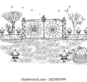 Halloween coloring book with a web pattern on the gate, spider, lanterns, pumpkins, stars, trees. Vector illustration for creative therapy, greeting card, poster, sticker, design, wallpaper, game.